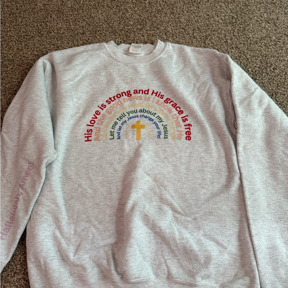 Gray Christian Sweatshirt with Rainbow Text